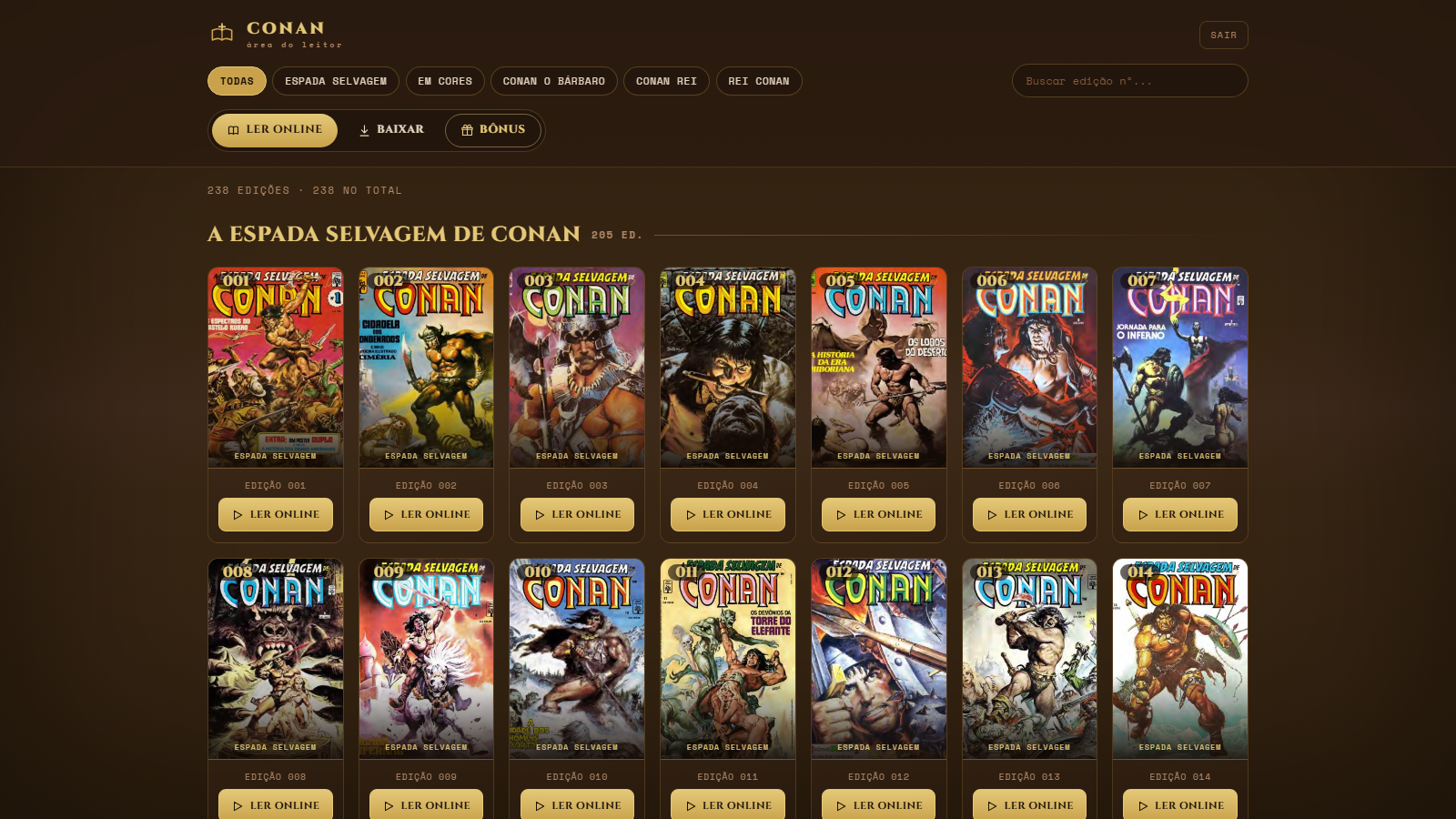 Tela real do início do acervo com as primeiras edições de Conan
